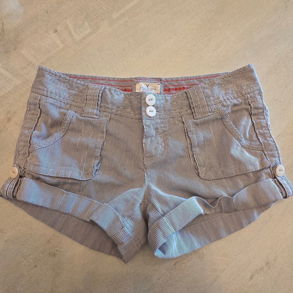 American Eagle Low Rise Micro Shorts Roll Hem SZ 4 Blue White Stripe Y2K